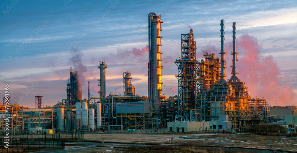 Obraz premium A modern, large polymer factory in Poland lit by the rising sun
