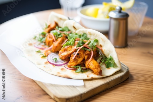 chicken tikka wrapped in naan bread with sliced onions