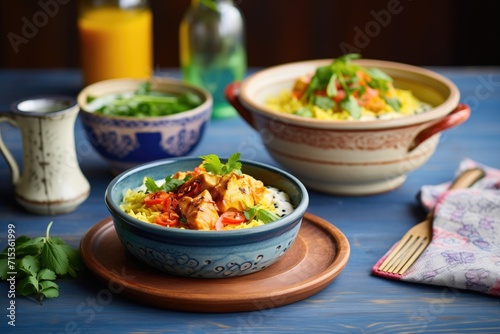 chicken tikka with saffron rice in ceramic bowls