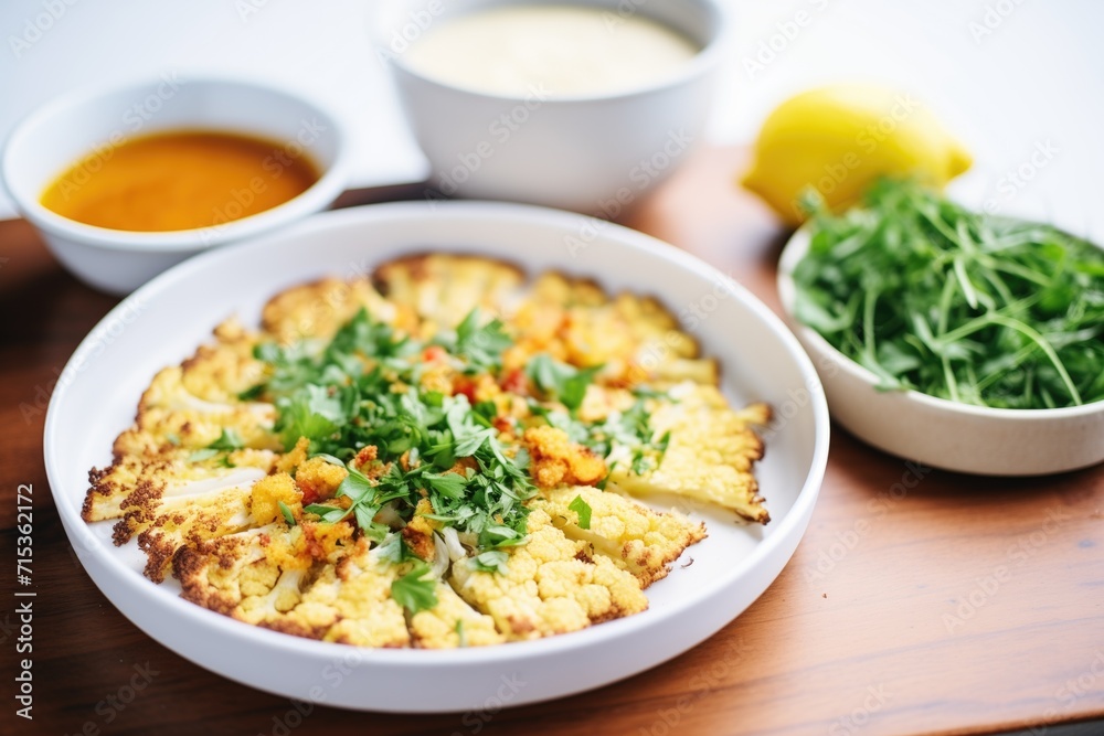 cauliflower pizza with a side of garlic dipping sauce in a small bowl cauliflower pizza with a side of garlic dipping sauce in a small bowl