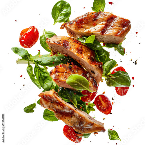 Grilled meat with salad and tomatoes flying in the air, isolated on white transparent background, ultra realistic food photo