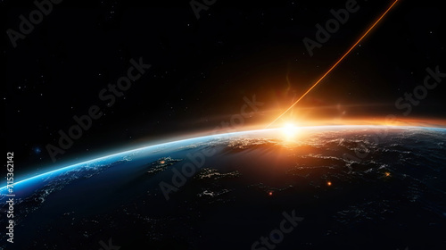 3D Rendering of earth from space with run rising and ray light flare at horizon among glowing stars in galaxy. For wallpaper, sci fi, science or technology background photo