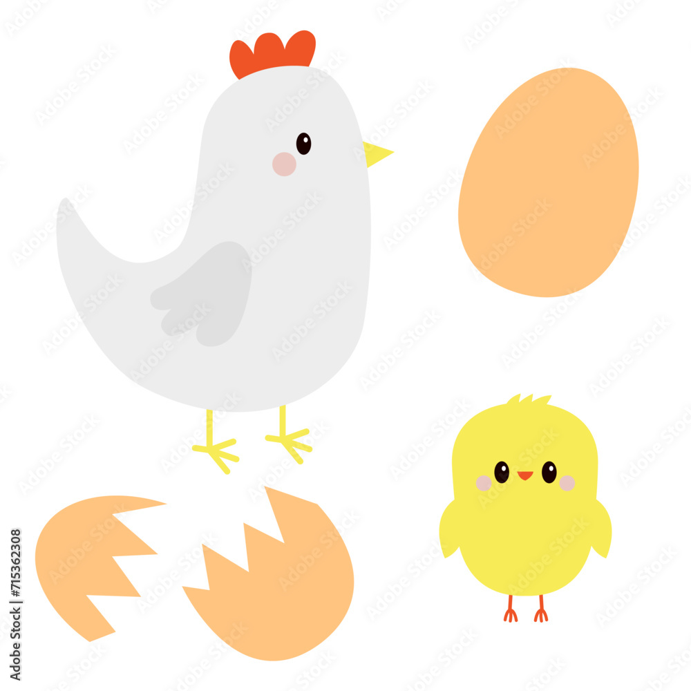 Hen, chicken, broken cracked egg bird icon set. Happy Easter. Cute cartoon funny kawaii baby chick character. Flat design. Greeting card. Yellow color. Kids education. White background. Isolated.