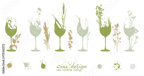 Colorful wine designs - Collection of wine glasses. Sketch vector illustration. Elements for invitation cards, advertising banners and menus. Wine glasses with plants, grasses and splashing wine.