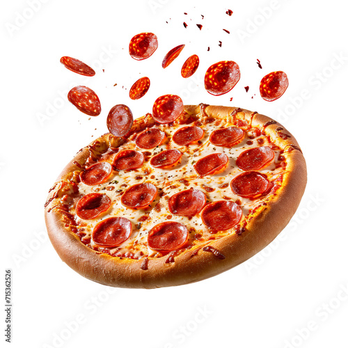 Pepperoni Pizza flying falling isolated on white transparent background, top view, ultra realistic, PNG