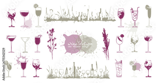 Colorful wine designs - Collection of wine glasses. Sketch vector illustration. Elements for invitation cards, advertising banners and menus. Wine glasses with plants, grasses and splashing wine.