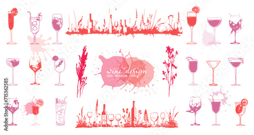 Colorful wine designs - Collection of wine glasses. Sketch vector illustration. Elements for invitation cards, advertising banners and menus. Wine glasses with plants, grasses and splashing wine.