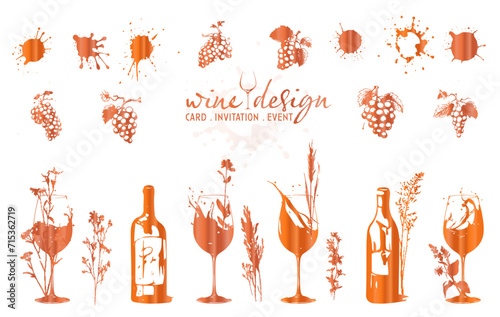 Colorful wine designs - Collection of wine glasses. Sketch vector illustration. Elements for invitation cards, advertising banners and menus. Wine glasses with plants, grasses and splashing wine.