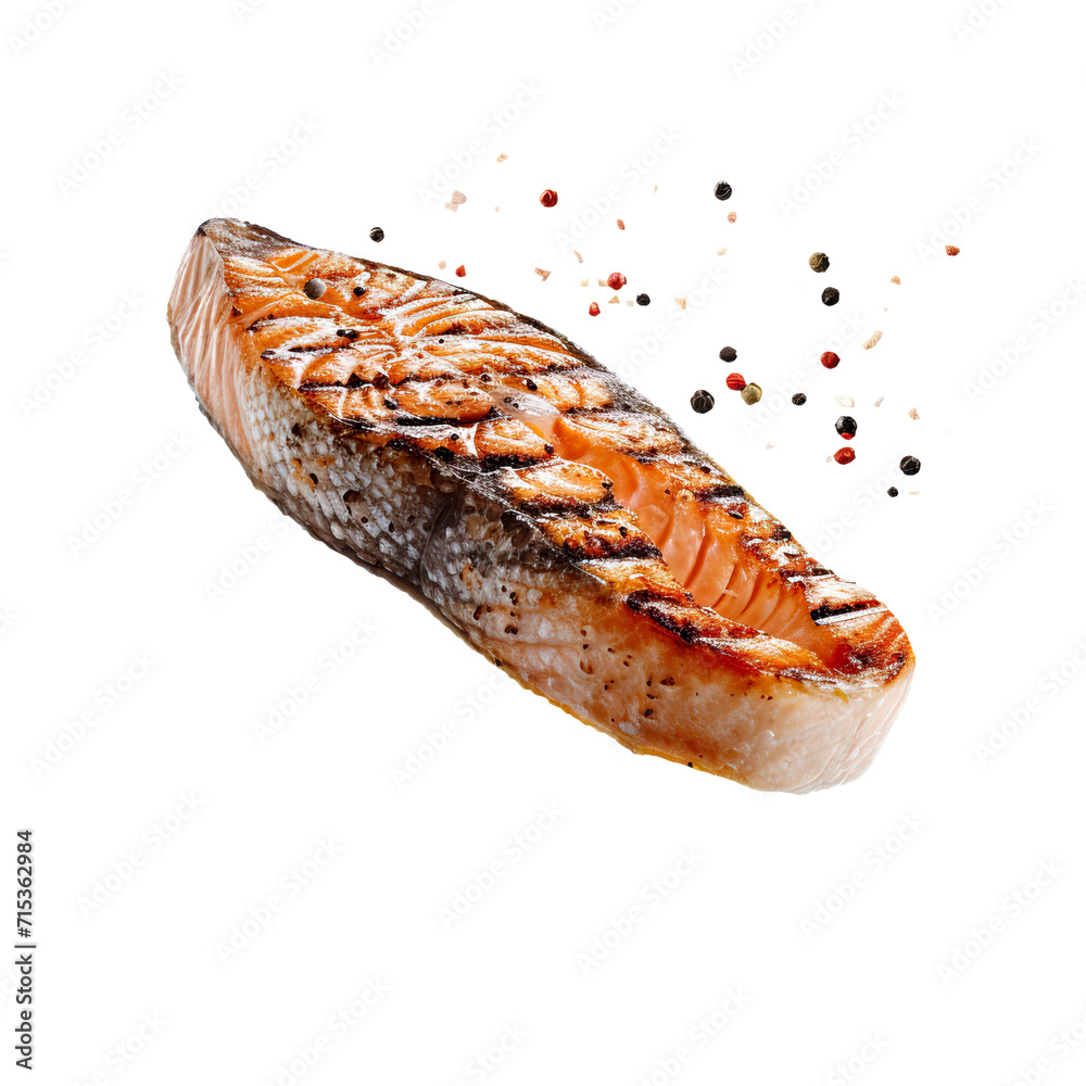 Grill Salmon steak, realistic 3d salmon steak flying in the air, grilled meat collection, ultra realistic, icon, detailed, angle view food photo, steak composition