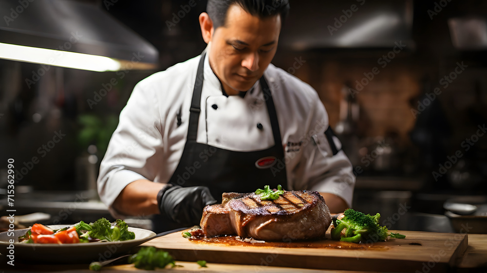 A culinary delight unfolds as a skilled chef prepares a succulent pork chop steak - AI A culinary delight unfolds as a skilled chef prepares a succulent pork chop steak - AI
