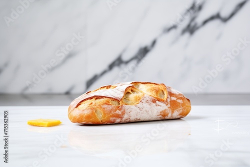 fresh ciabatta loaf on white marble background