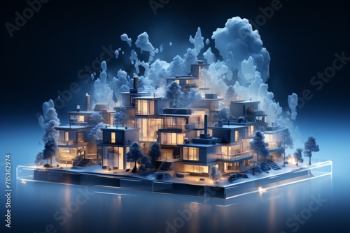Futuristic Townhouse Village Aerial Perspective, on an isolated Hazy Blue background, Generative AI photo
