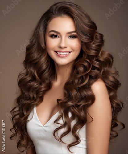 Beauty brunette girl with long shiny curly hair .