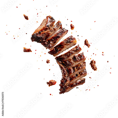 Grill brisket beef steaks, realistic 3d brisket flying in the air, grilled meat collection, ultra realistic, icon, detailed, angle view food photo, steak composition photo