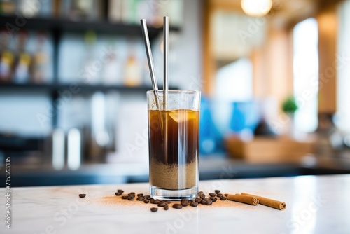 cold brew coffee in glass cup with metal straw photo