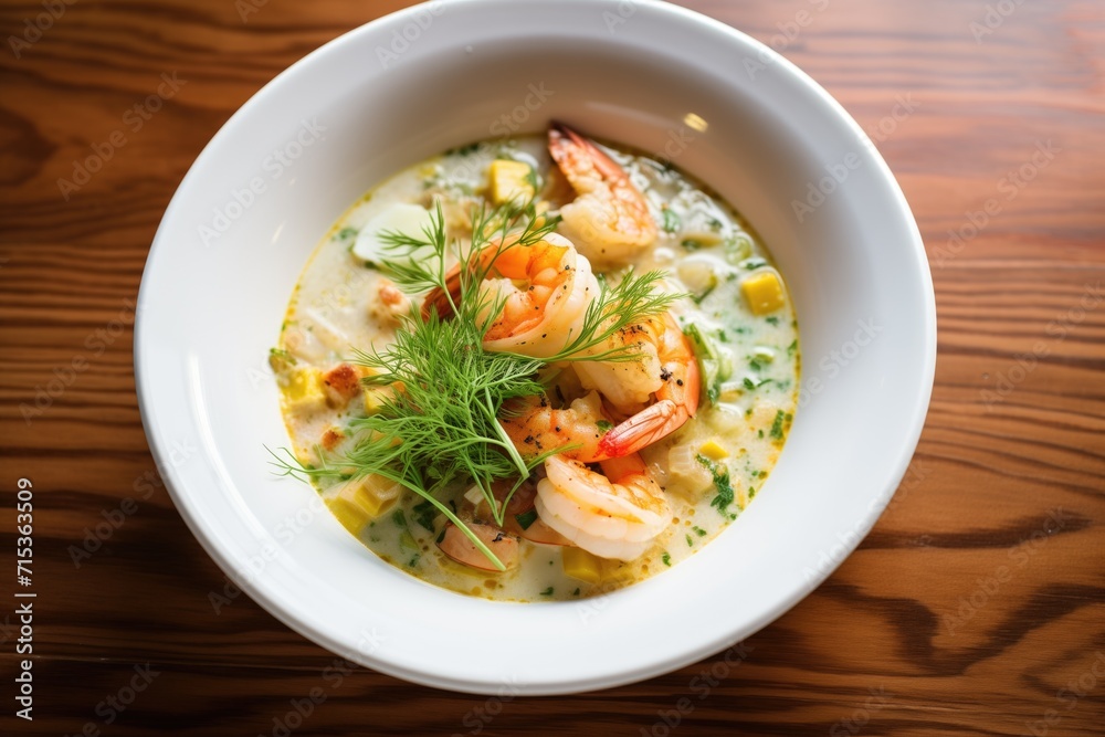 corn chowder with shrimp and thyme twig