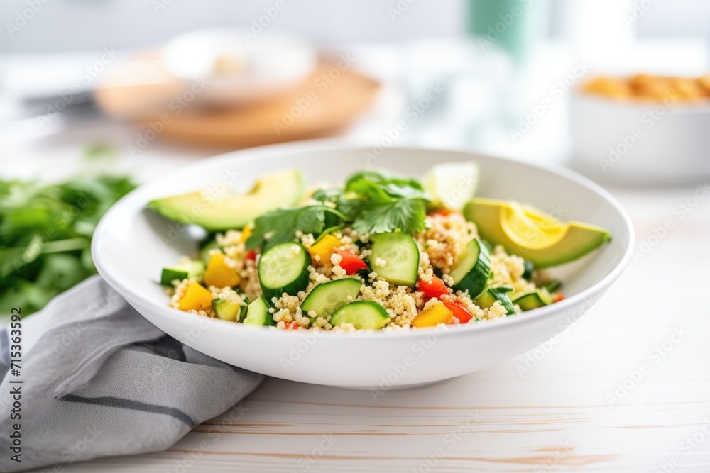 couscous salad in a white bowl with avocado slices