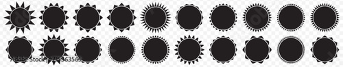 20 Set of black price sticker, sale or discount sticker, sunburst badges icon. Stars shape with different number of rays.Special offer price tag. Black starburst promotional badge set, shopping labels photo