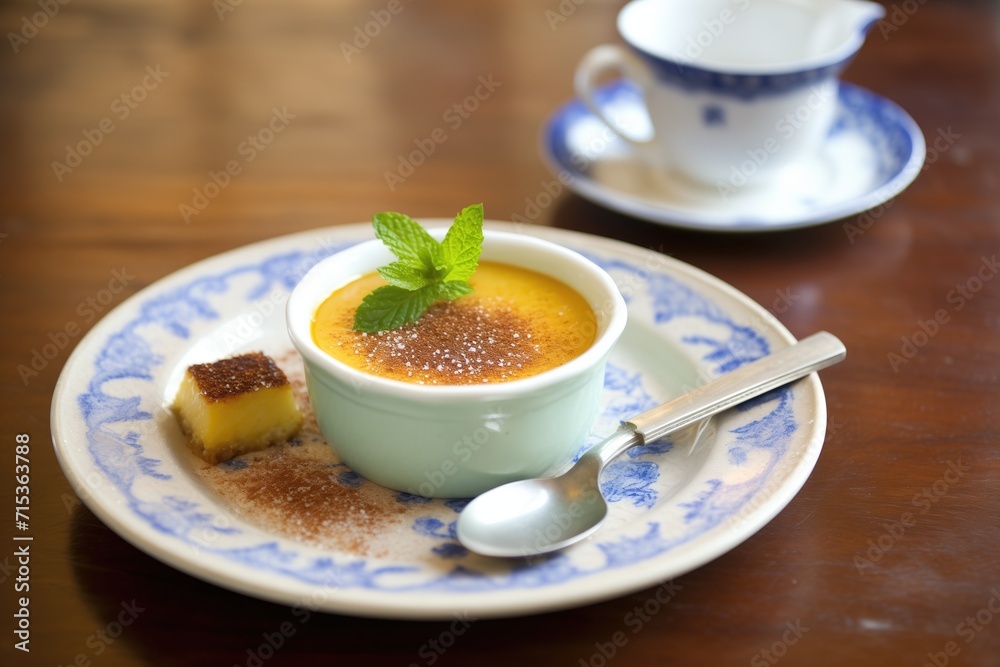 creme brulee served with a cup of espresso creme brulee served with a cup of espresso
