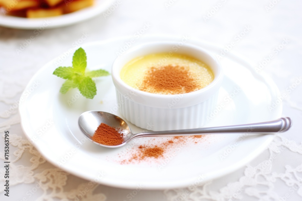 creme brulee with vanilla bean specs on white plate creme brulee with vanilla bean specs on white plate