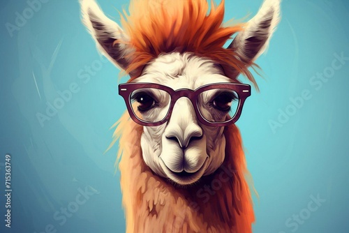 Funny poster. Portrait of anthropomorphic Llama Alpaka in a red glasses, dressed in a shirt © maximilian_100