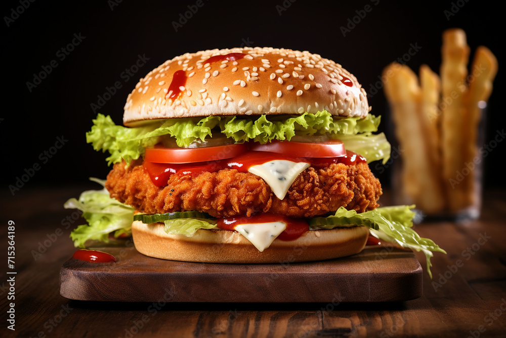 Crispy chicken burger on wood board generated.AI Crispy chicken burger on wood board generated.AI