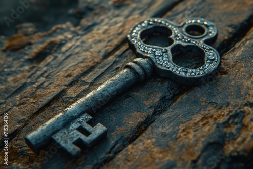 An old designer key with a lock decoration lies on a wooden background