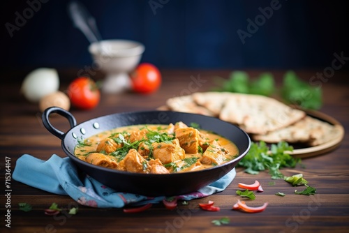 paneer butter masala served with naan, side view on rustic table