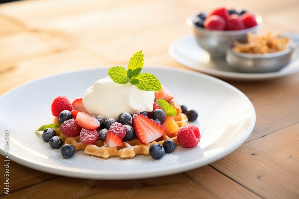 crispy waffles with fresh berries and whipped cream on a plate