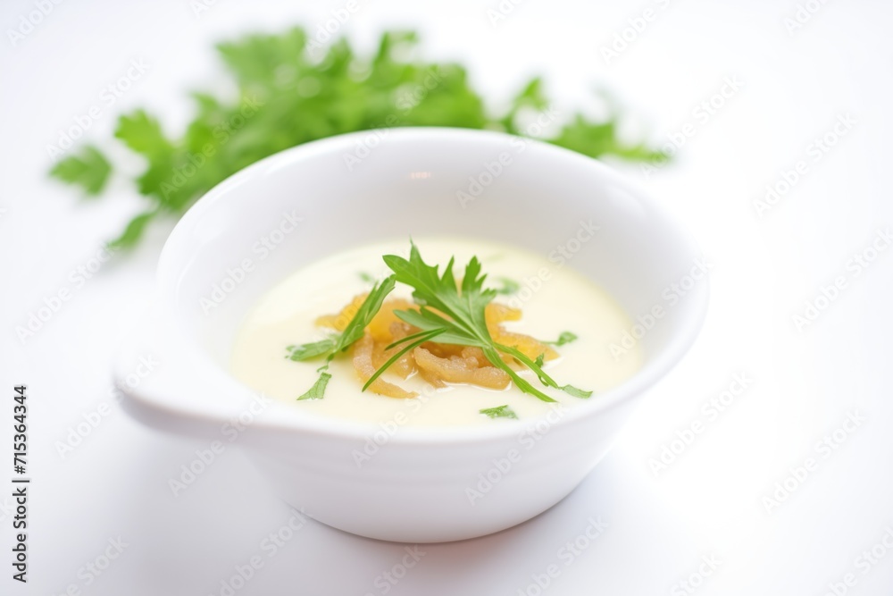 close-up of creamy soup in white bowl with parsley garnish close-up of creamy soup in white bowl with parsley garnish