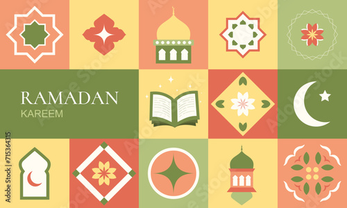 Ramadan Kareem. Islamic greeting card, poster template in flat geometric style. Eid Mubarak. 