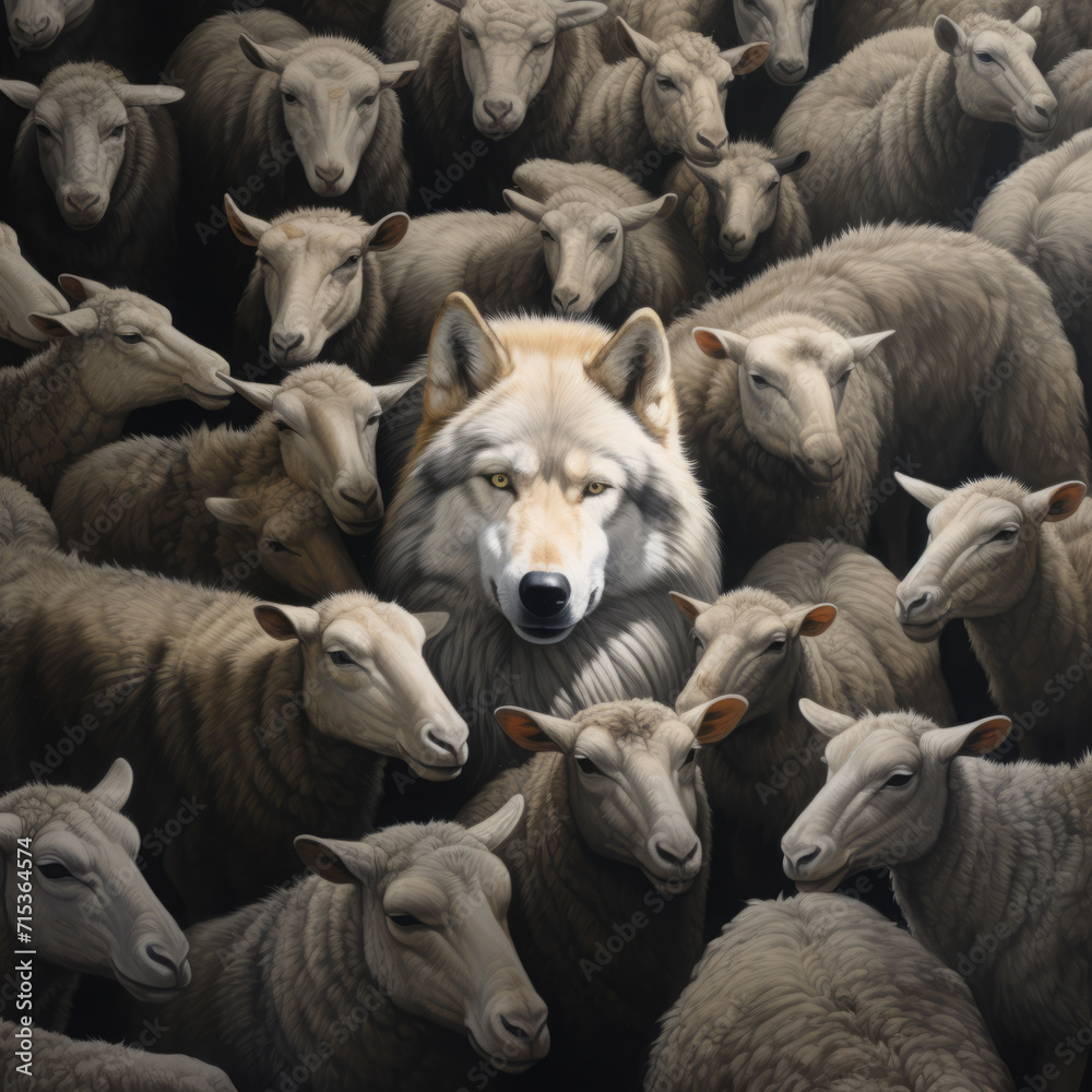 Obraz premium Lone Wolf Among Sheep in Wildlife Encounter.