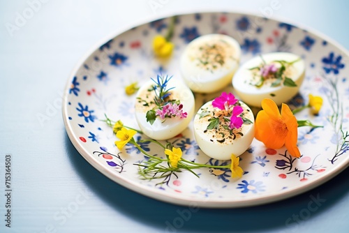 deviled eggs on a festive plate with floral patterns