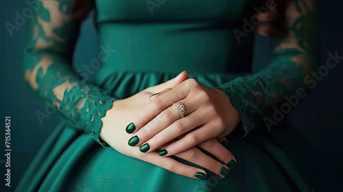 Glamour woman hand with green color nail polish on her fingernails. Green nail manicure with gel polish at luxury beauty salon. Nail art and design. Female hand model