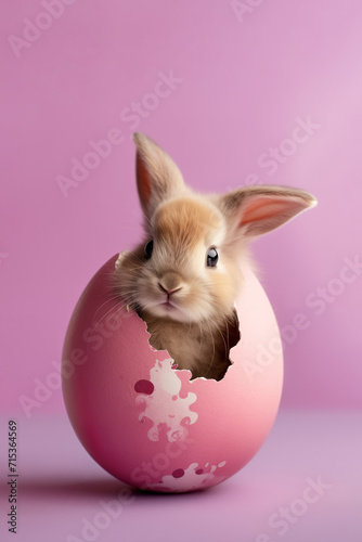 Easter bunny came out from decorated egg. Rectangle with copy space. Minimal concepz. © Ivan