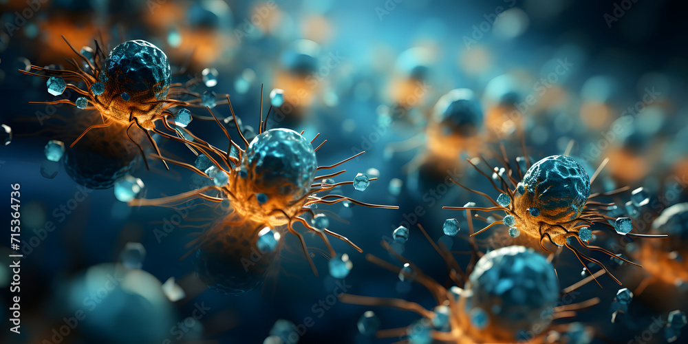 Virus Background. Microscopic View of Floating Virus Cells - obrazy, fototapety, plakaty 