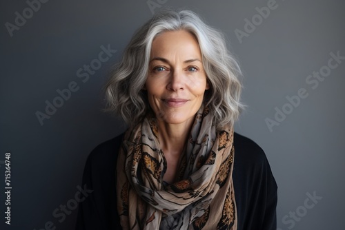 Portrait of a beautiful senior woman with gray hair wearing a scarf