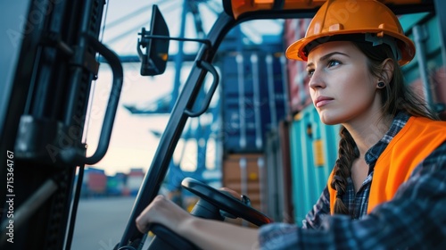 Female foreman driving forklift at shipping container yard, Industrial engineer woman drives reach stacker truck to lift cargo box at logistic terminal dock. photo