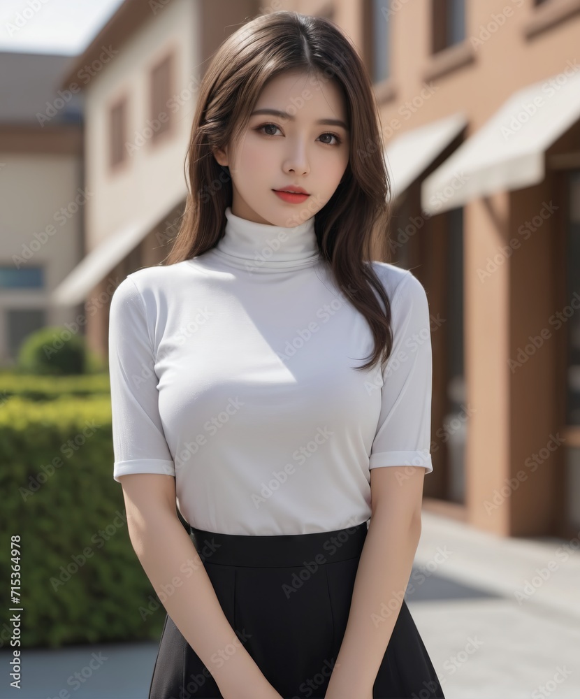 asian woman in a white top and black skirt posing for a picture outside 