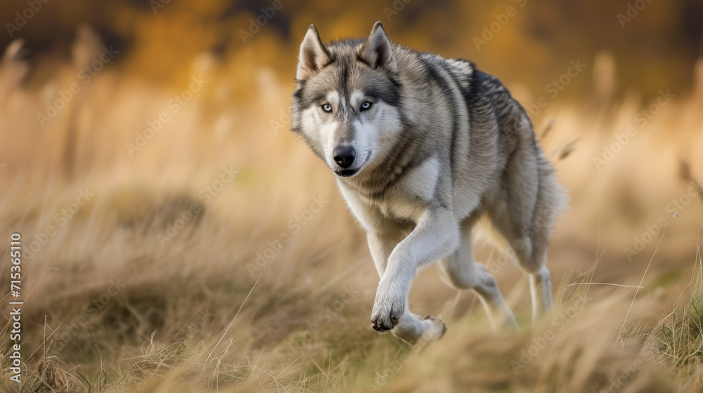 Running husky dog, wolf across the meadow