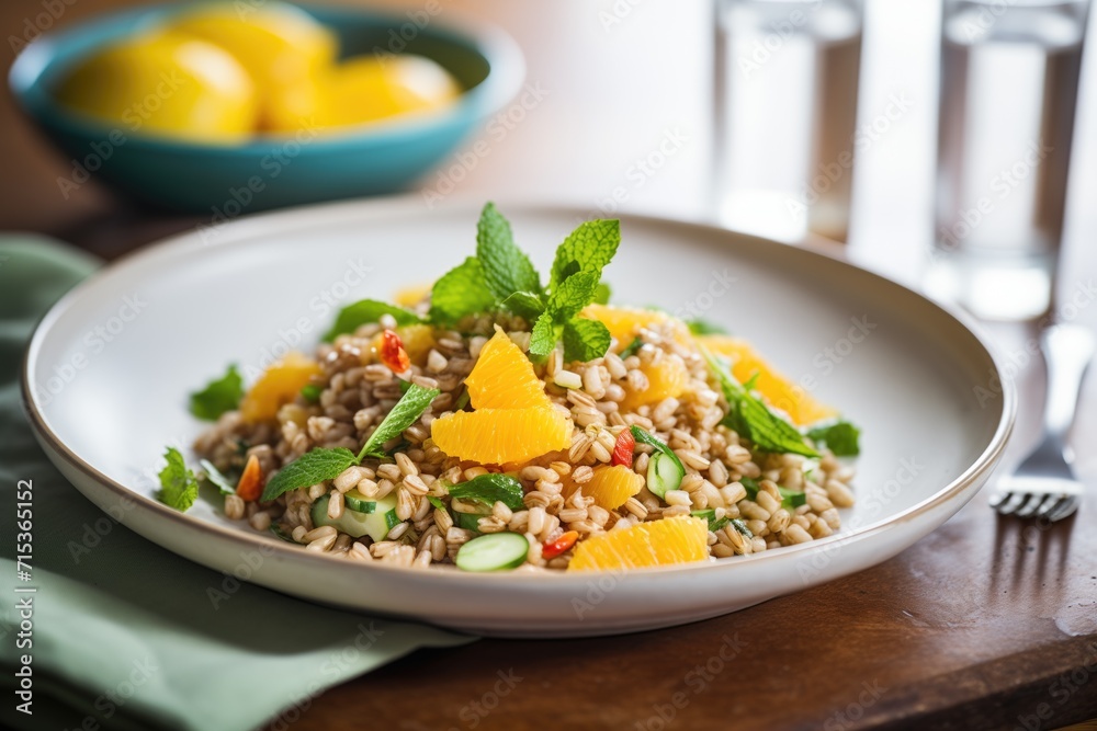 bright farro salad with orange segments and mint leaves bright farro salad with orange segments and mint leaves