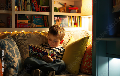 children sitting in a cozy reading nook, surrounded by books.