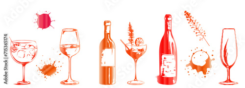 Colorful wine designs - Collection of wine glasses. Sketch vector illustration. Elements for invitation cards, advertising banners and menus. Wine glasses with plants, grasses and splashing wine.