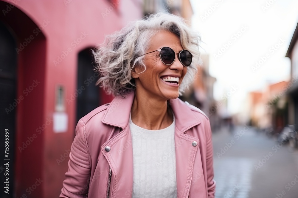 Portrait of a beautiful mature woman with curly hair in the city Portrait of a beautiful mature woman with curly hair in the city