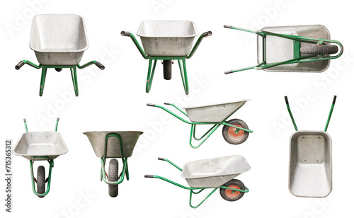 Old garden wheelbarrow different views set isolated