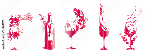 Colorful wine designs - Collection of wine glasses. Sketch vector illustration. Elements for invitation cards, advertising banners and menus. Wine glasses with plants, grasses and splashing wine.