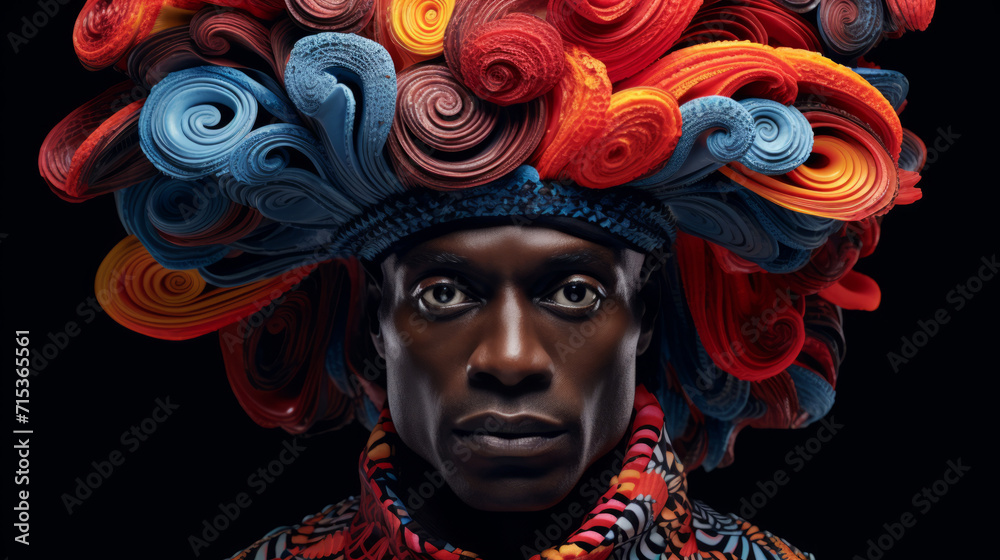 Close-up of an authentic portrait of an African man in close-up in a colored headdress