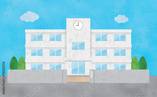学校の校舎外観水彩画