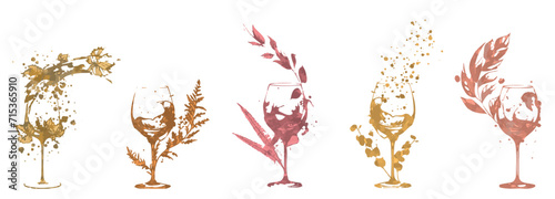 Colorful wine designs - Collection of wine glasses. Sketch vector illustration. Elements for invitation cards, advertising banners and menus. Wine glasses with plants, grasses and splashing wine.