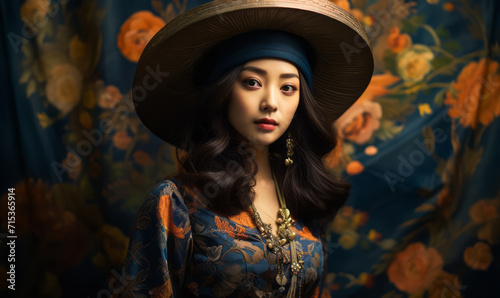 Elegant Asian Woman in Vintage Attire with Ornate Hat, Renaissance-Inspired Fashion Portrait on Blue Floral Background